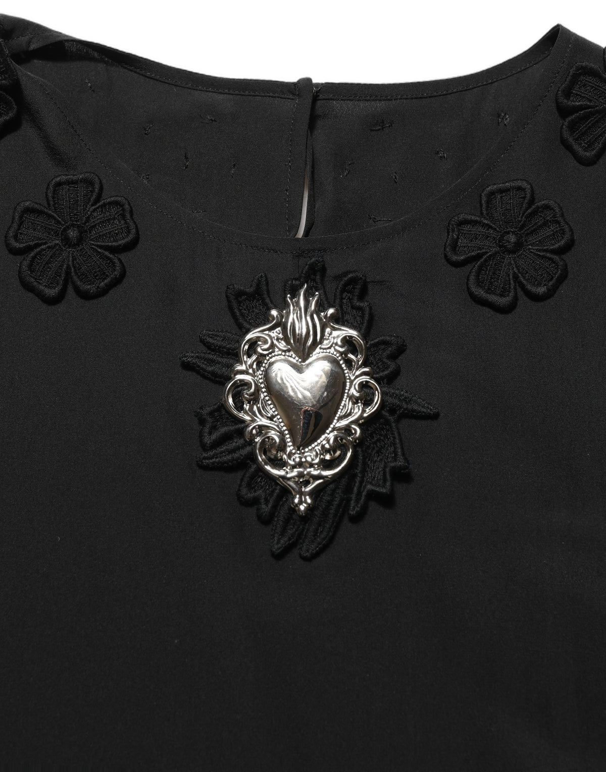 Dolce & Gabbana Black Floral Silk Heart Appliqué Blouse Top