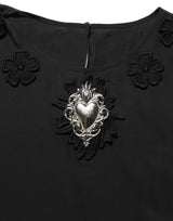 Dolce & Gabbana Black Floral Silk Heart Appliqué Blouse Top