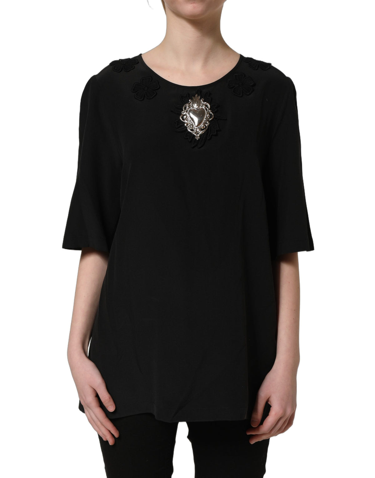 Dolce & Gabbana Black Floral Silk Heart Appliqué Blouse Top