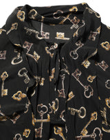 Dolce & Gabbana Black Keys Print Silk Tie Neck Blouse Top