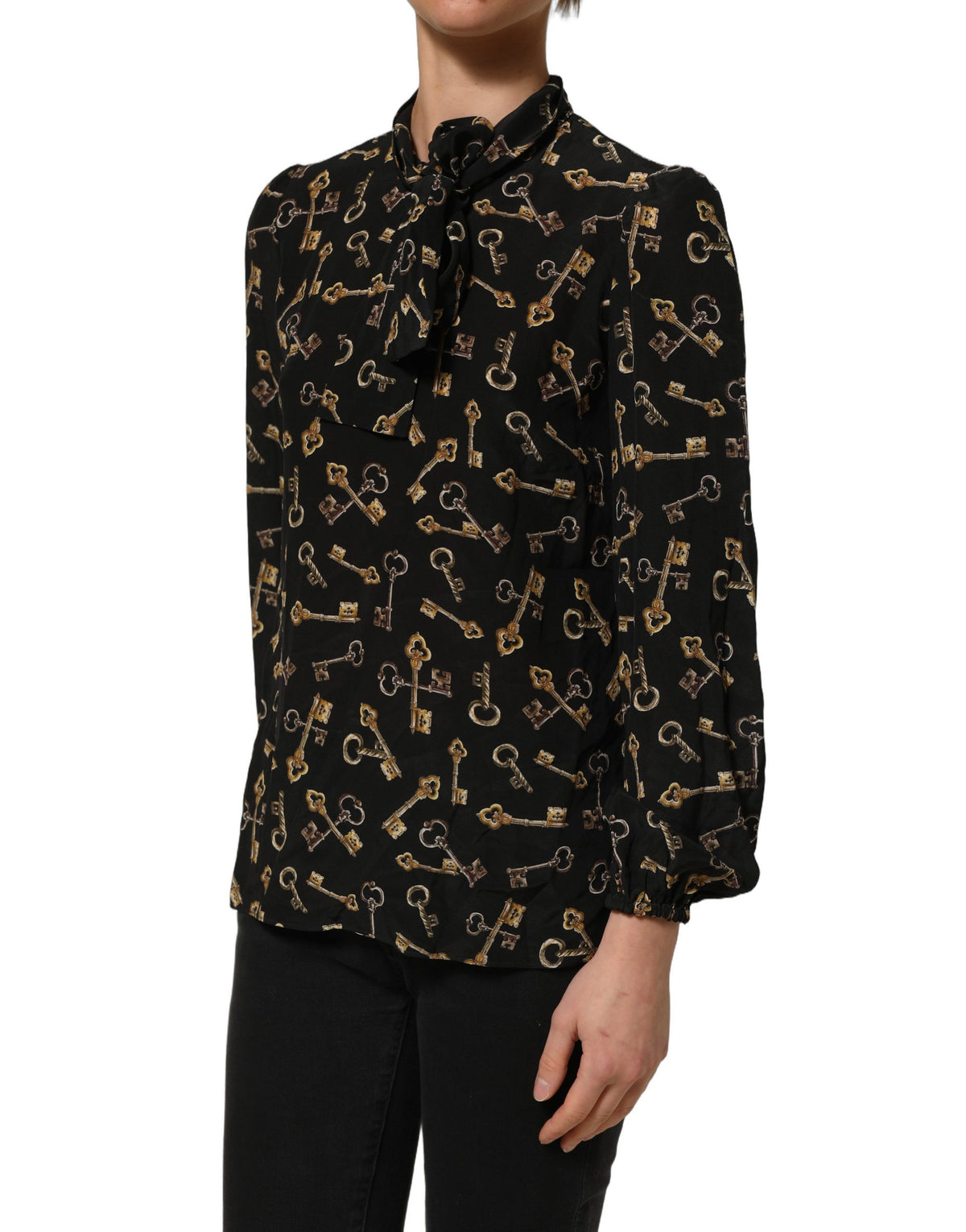 Dolce & Gabbana Black Keys Print Silk Tie Neck Blouse Top