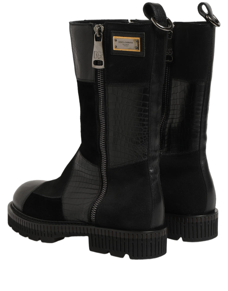 Dolce & Gabbana Black Patchwork Leather Mid Calf Boots