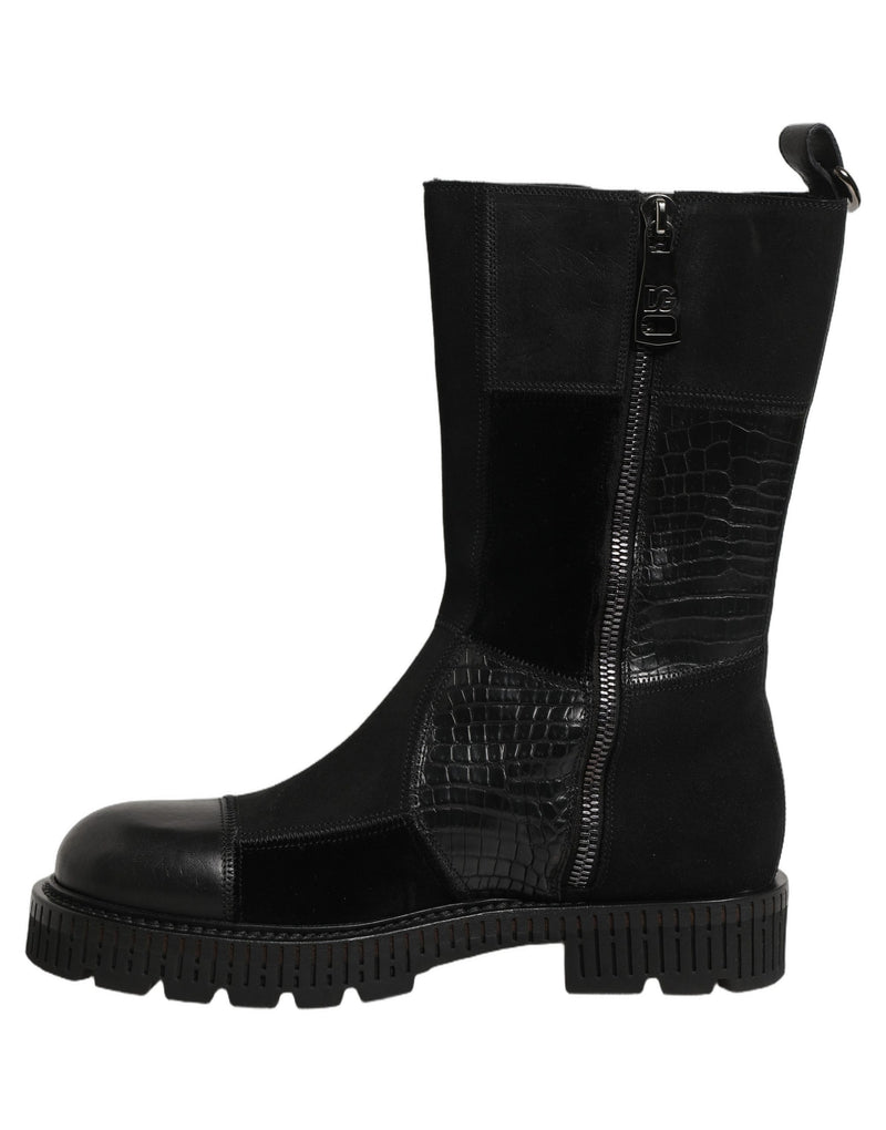 Dolce & Gabbana Black Patchwork Leather Mid Calf Boots