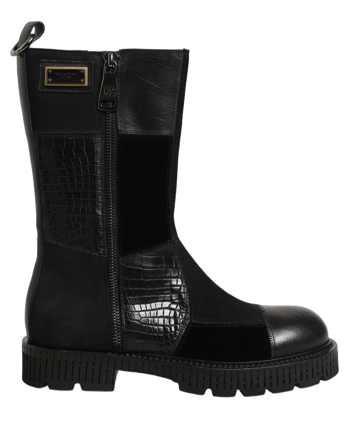Dolce & Gabbana Black Patchwork Leather Mid Calf Boots