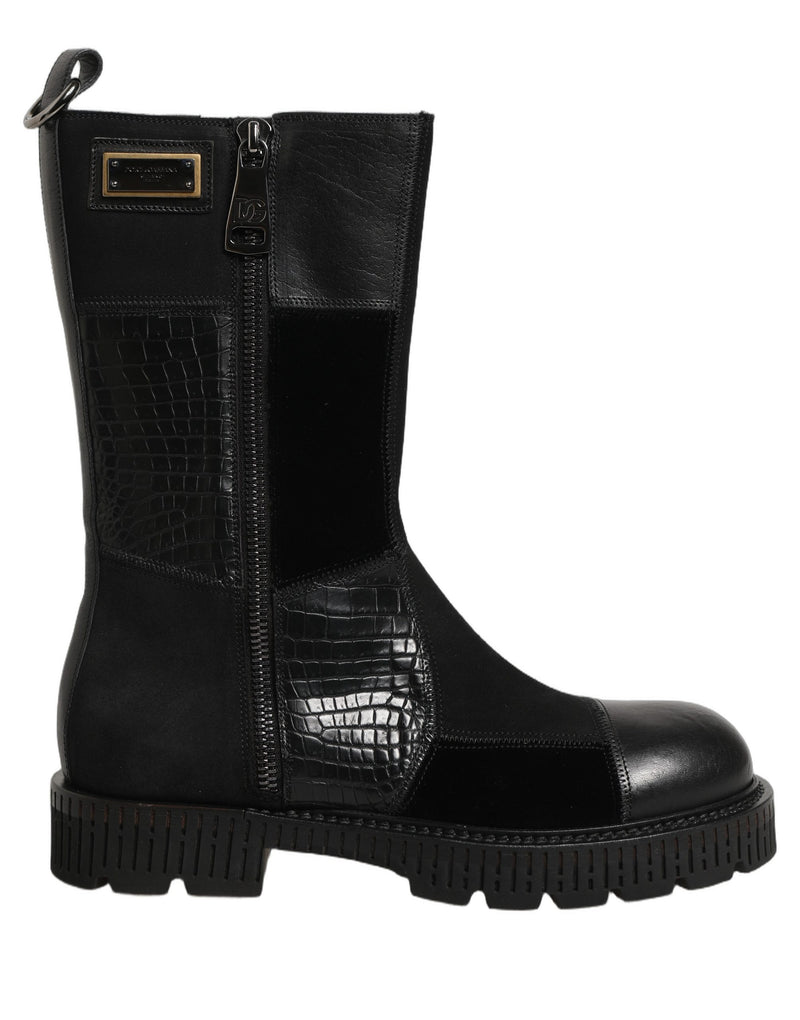 Dolce & Gabbana Black Patchwork Leather Mid Calf Boots