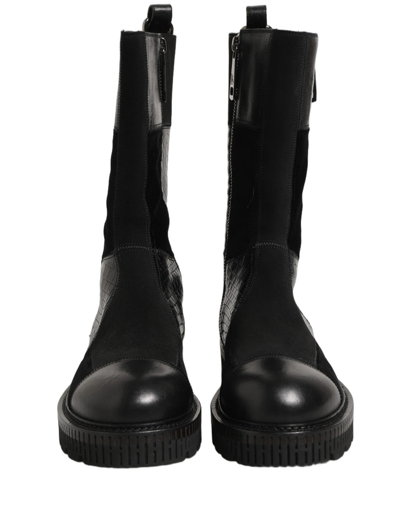 Dolce & Gabbana Black Patchwork Leather Mid Calf Boots