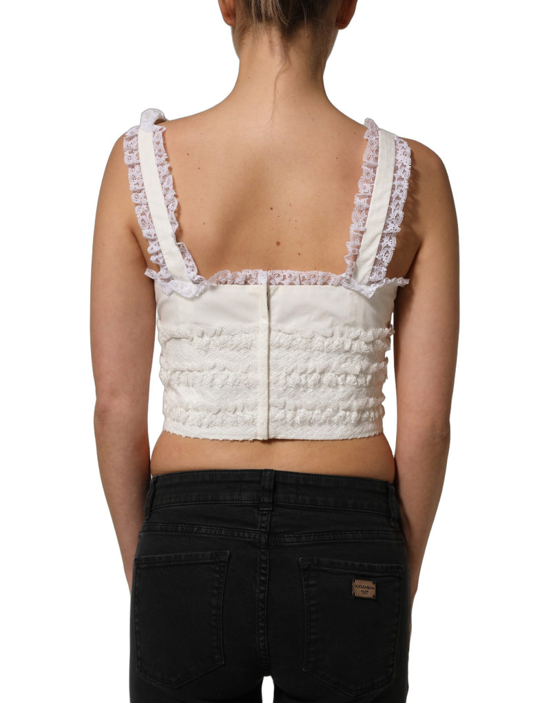 Dolce & Gabbana White Lace Trimmed Cotton Cropped Tank Top