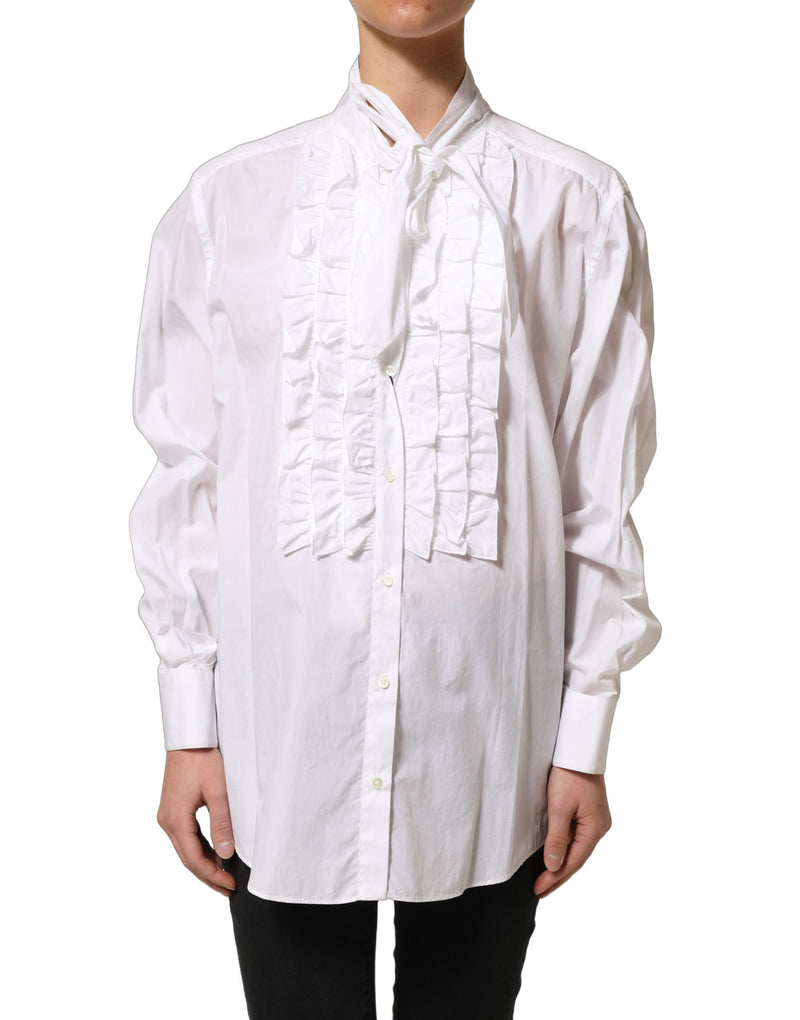 Dolce & Gabbana White Ruffled Bib Long Sleeves Blouse Top