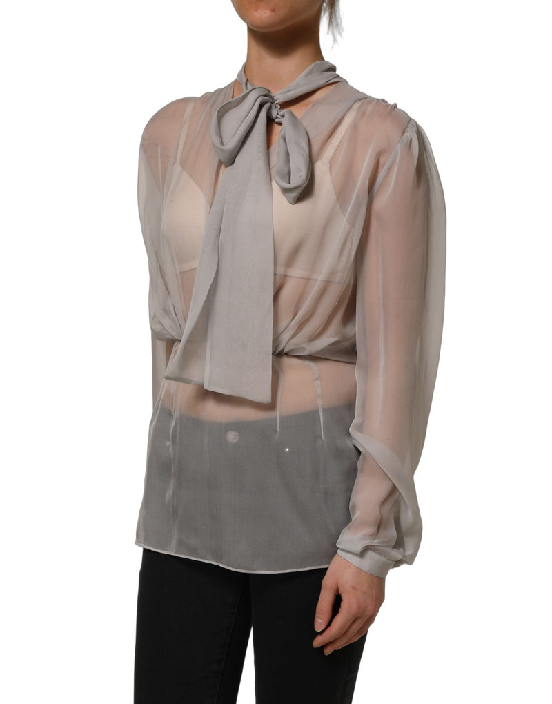 Dolce & Gabbana Gray Sheer Silk Chiffon Shirt with Bow Collar