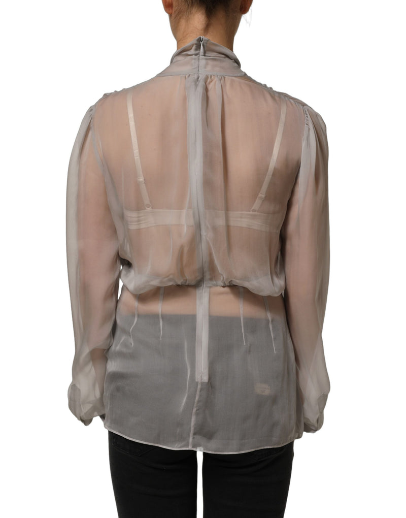 Dolce & Gabbana Gray Sheer Silk Chiffon Shirt with Bow Collar