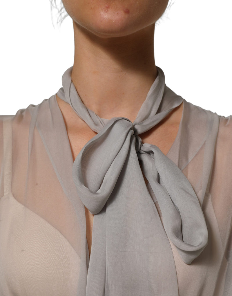 Dolce & Gabbana Gray Sheer Silk Chiffon Shirt with Bow Collar