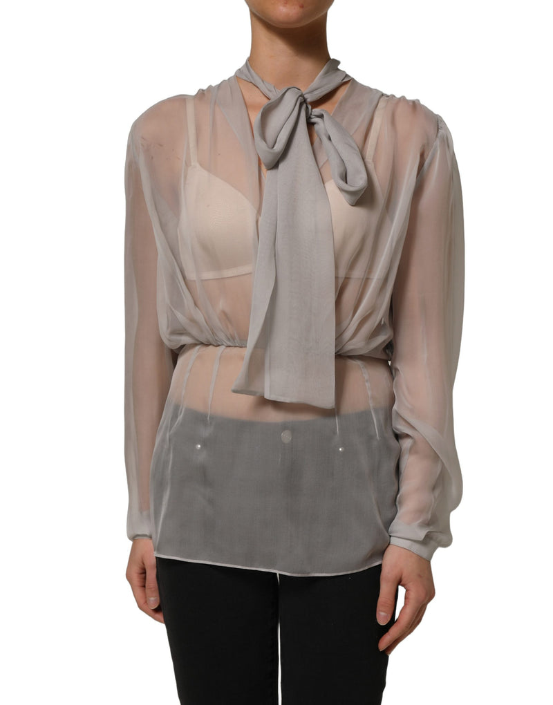 Dolce & Gabbana Gray Sheer Silk Chiffon Shirt with Bow Collar