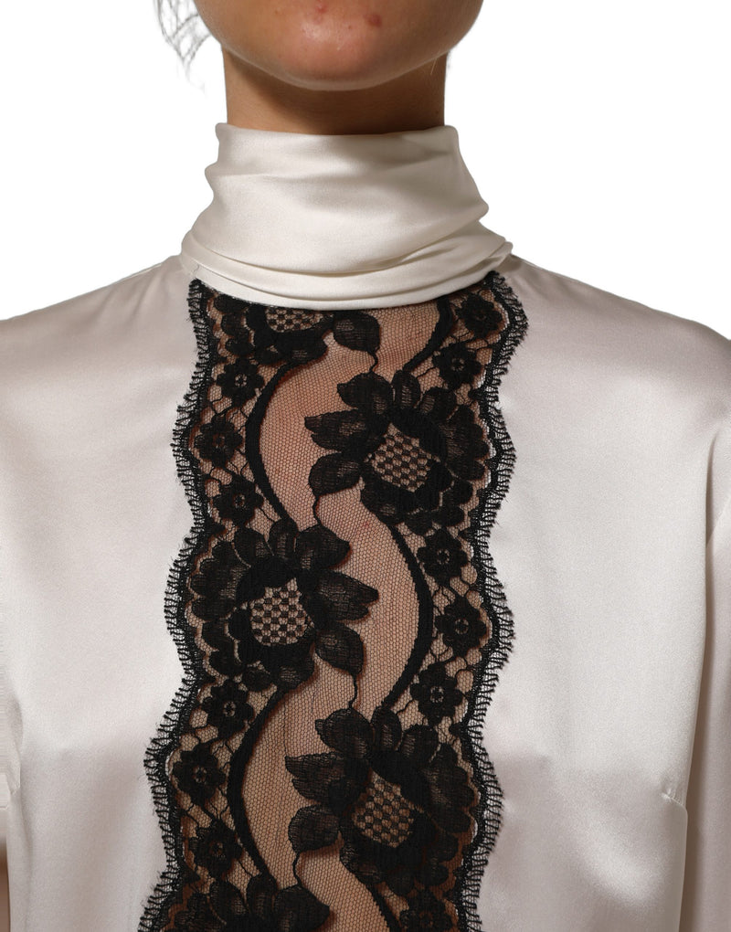 Dolce & Gabbana White Satin Lace Trim Long Sleeves Blouse Top