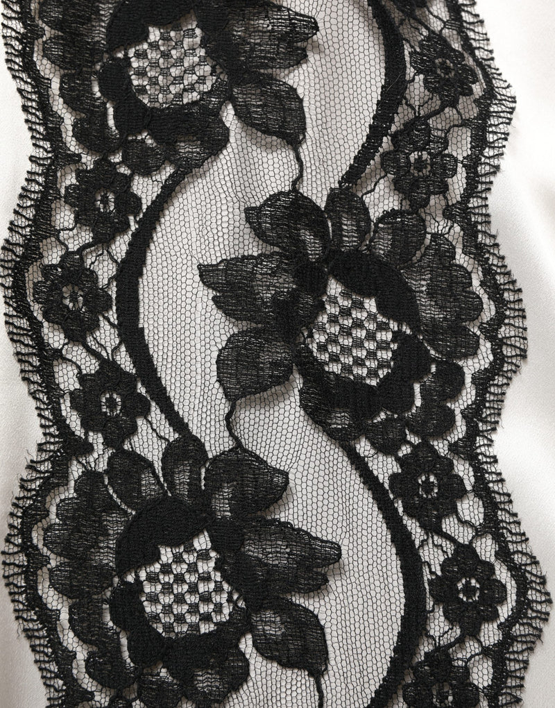 Dolce & Gabbana White Satin Lace Trim Long Sleeves Blouse Top