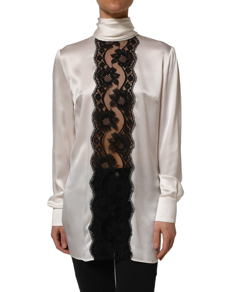 Dolce & Gabbana White Satin Lace Trim Long Sleeves Blouse Top