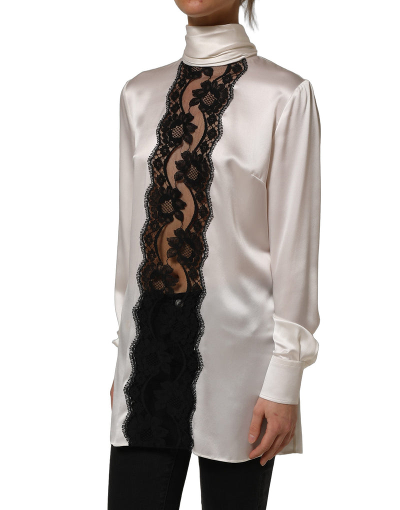 Dolce & Gabbana White Satin Lace Trim Long Sleeves Blouse Top