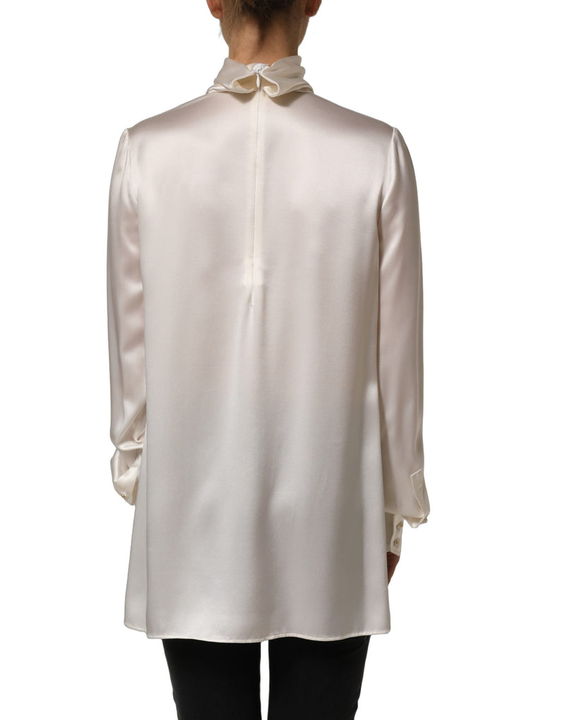 Dolce & Gabbana White Satin Lace Trim Long Sleeves Blouse Top