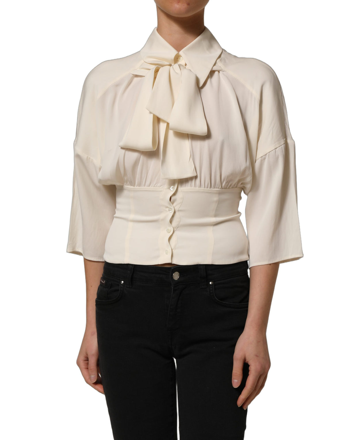Haut Blouse Manches Longues à Col Lavallière Écru Dolce & Gabbana