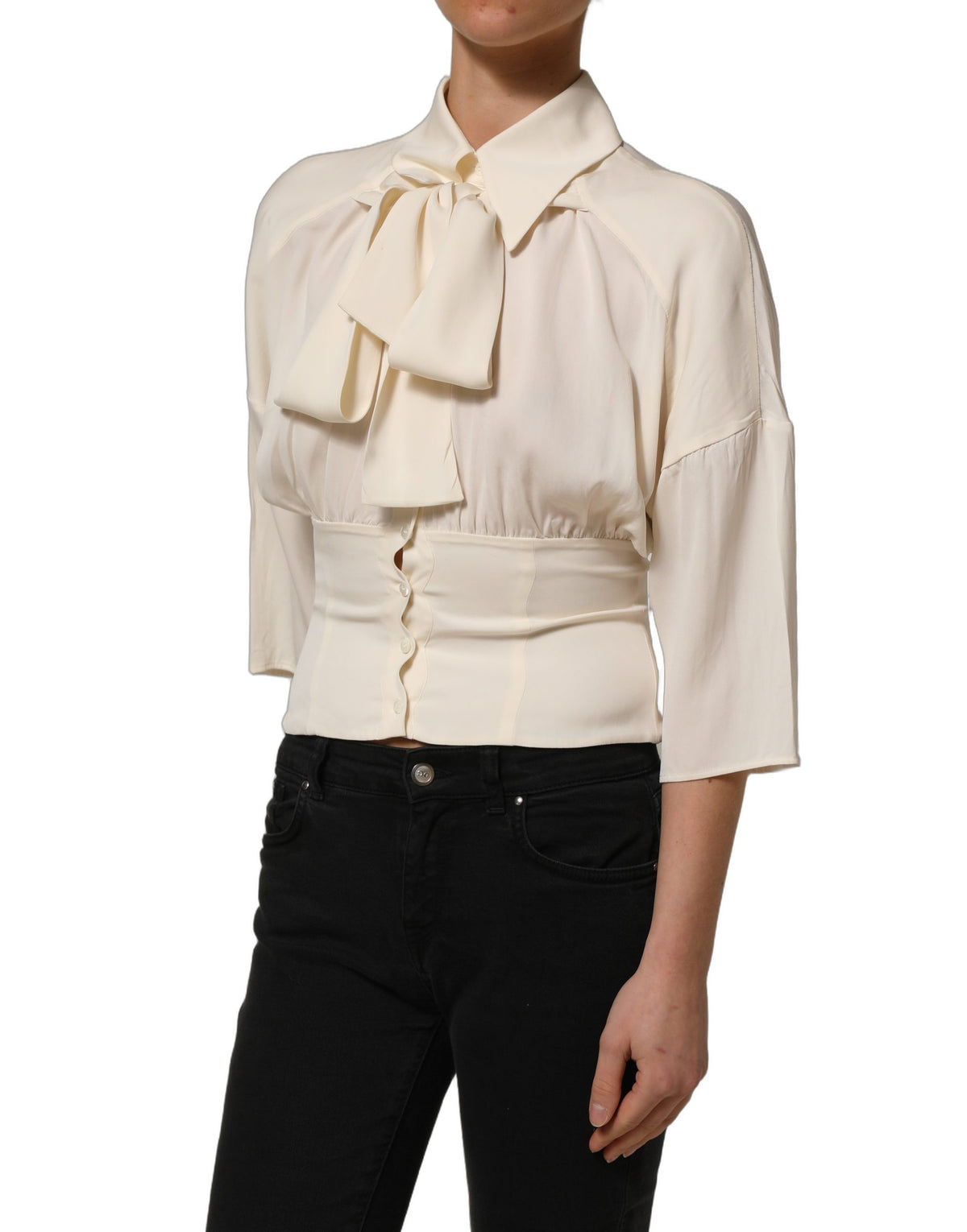 Haut Blouse Manches Longues à Col Lavallière Écru Dolce & Gabbana