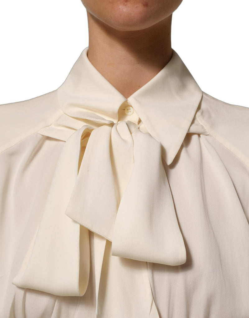 Dolce & Gabbana Off White Ascot Collar Long Sleeves Blouse Top