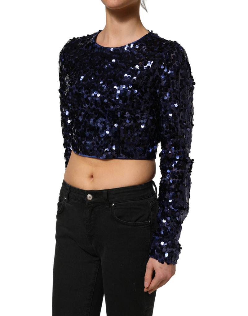 Dolce & Gabbana Blue Sequined Long Sleeve Crop Blouse Top