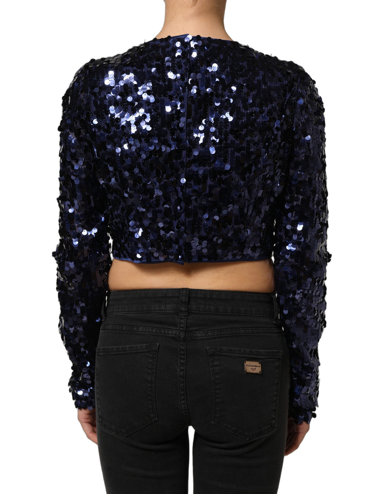 Dolce & Gabbana Blue Sequined Long Sleeve Crop Blouse Top