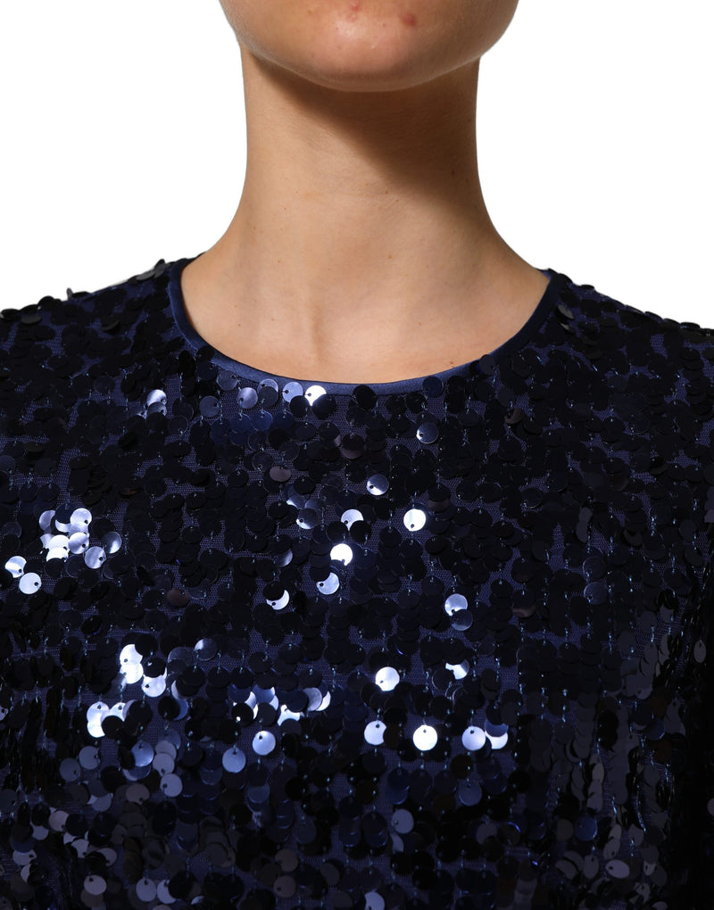 Dolce & Gabbana Blue Sequined Long Sleeve Crop Blouse Top