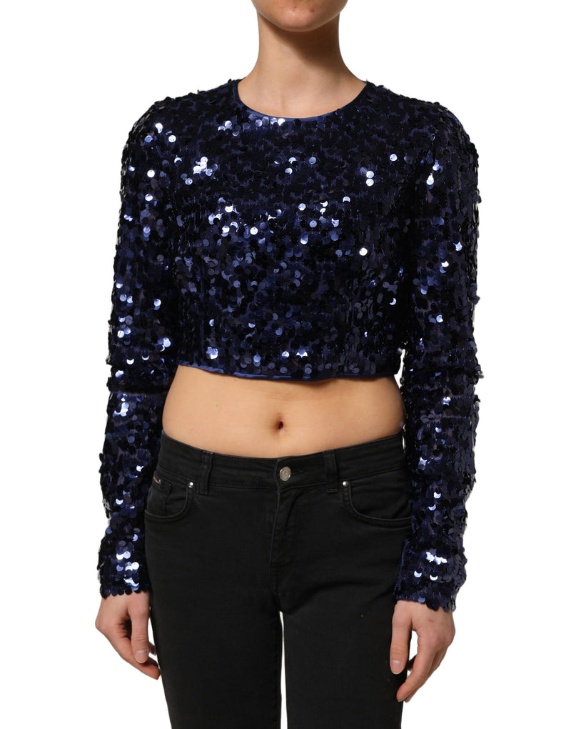 Dolce & Gabbana Blue Sequined Long Sleeve Crop Blouse Top