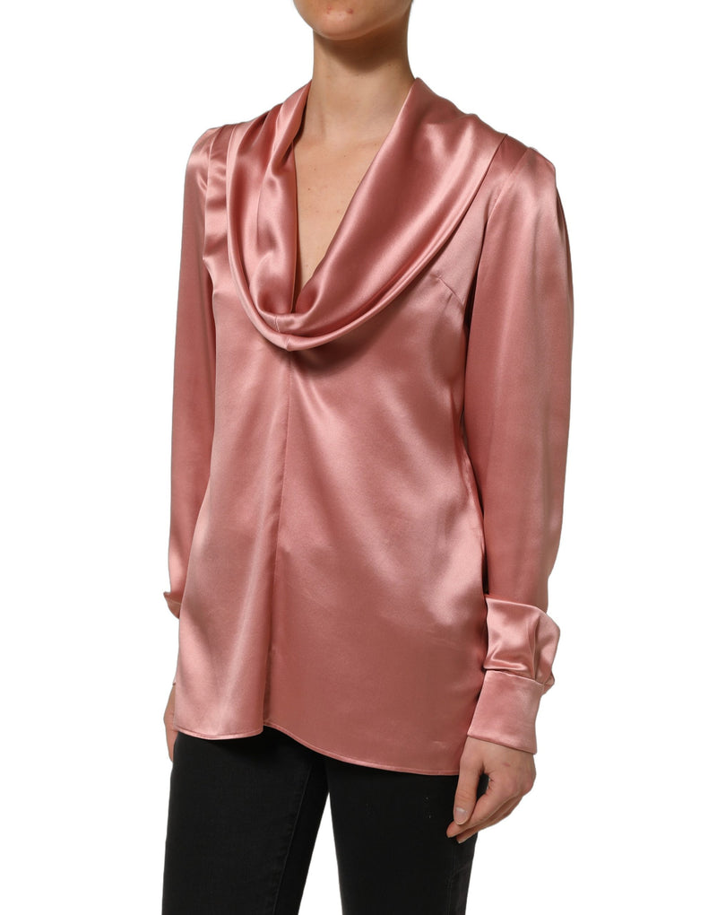 Dolce & Gabbana Pink Satin Silk V-neck Blouse with Long Sleeves