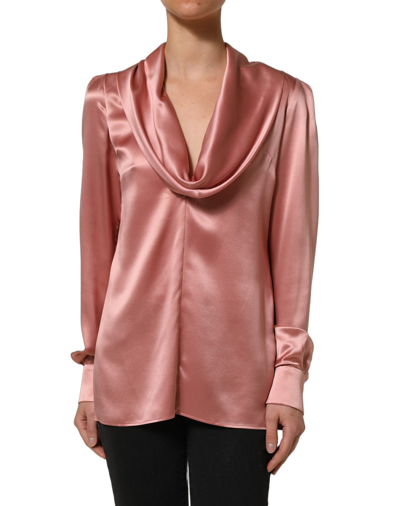Dolce & Gabbana Pink Satin Silk V-neck Blouse with Long Sleeves