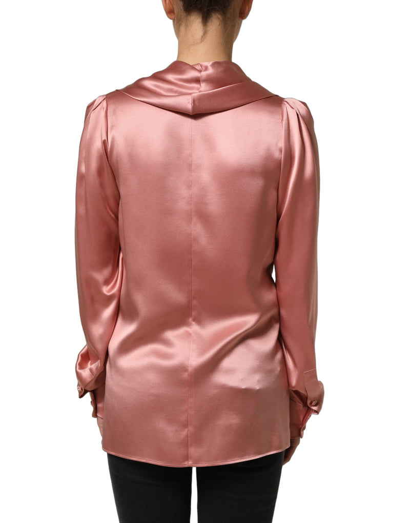Dolce & Gabbana Pink Satin Silk V-neck Blouse with Long Sleeves