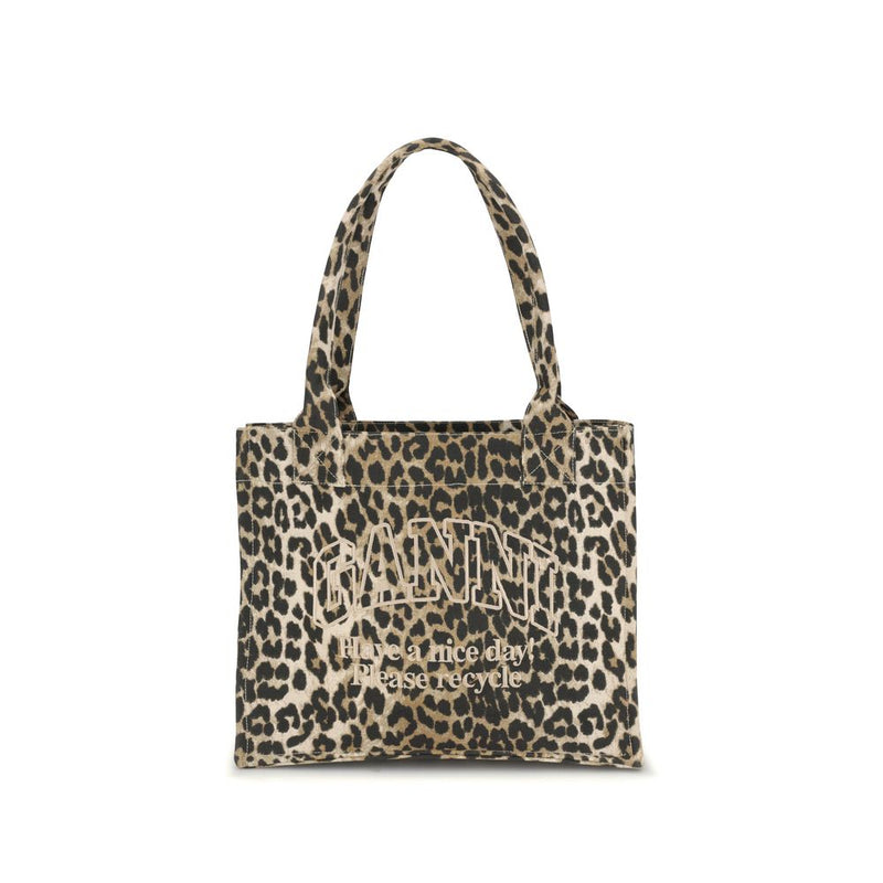 Ganni Brown Recycled Cotton Shoulder Bag with Leopard Print