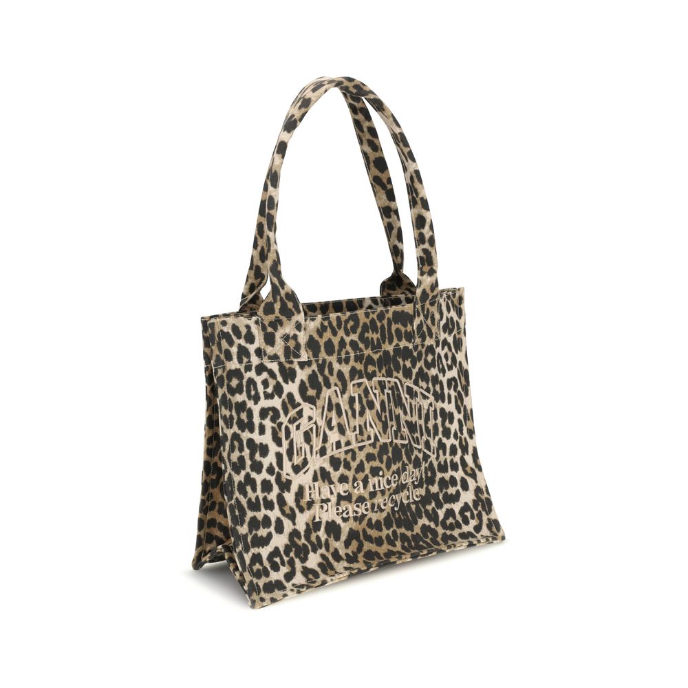Ganni Brown Recycled Cotton Shoulder Bag with Leopard Print