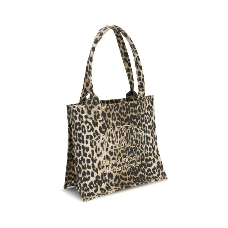 Ganni Brown Recycled Cotton Shoulder Bag with Leopard Print