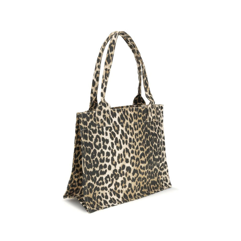 Ganni Brown Recycled Cotton Shoulder Bag with Leopard Print