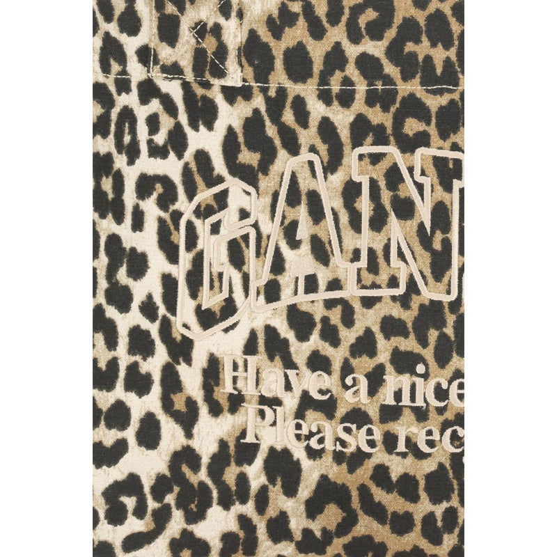 Ganni Brown Recycled Cotton Shoulder Bag with Leopard Print