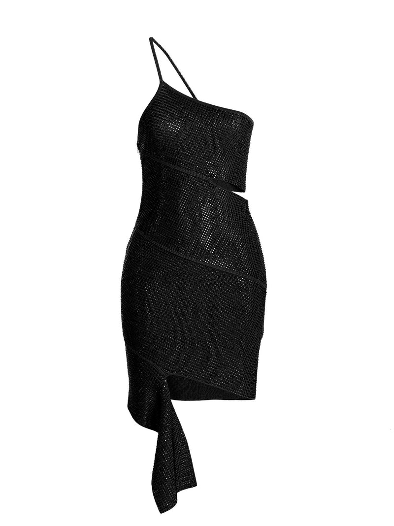 ANDREĀDAMO Black Viscose Short Dress with Asymmetric Hem
