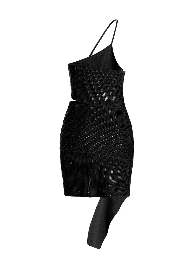 ANDREĀDAMO Black Viscose Short Dress with Asymmetric Hem