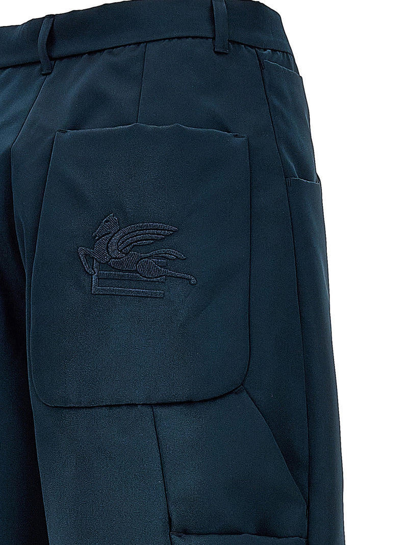 Etro Blue Polyester Cargo Pants with Iconic Embroidery