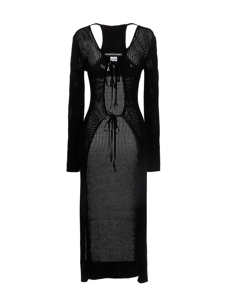 ANDREĀDAMO Black Viscose Cardigan - Elegant Openwork Design