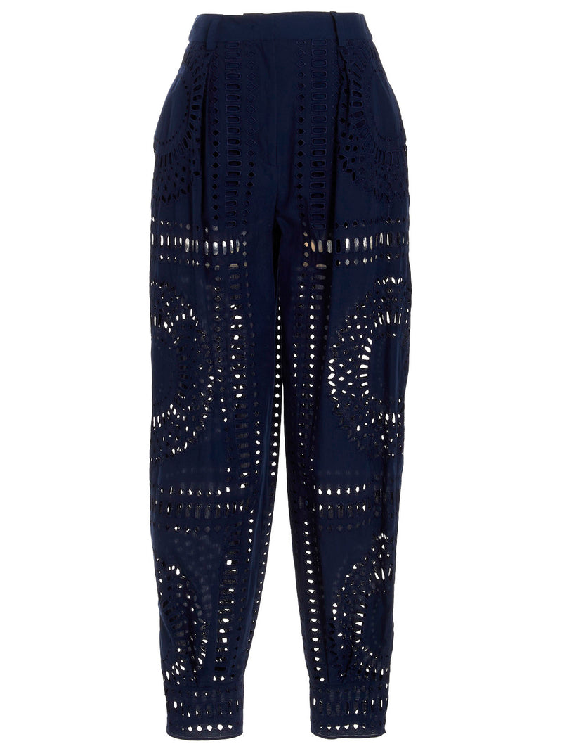 Alberta Ferretti Blue Cotton Casual Pants - Elegant Embroidery