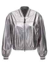 Brunello Cucinelli Silver Leather Bomber Jacket
