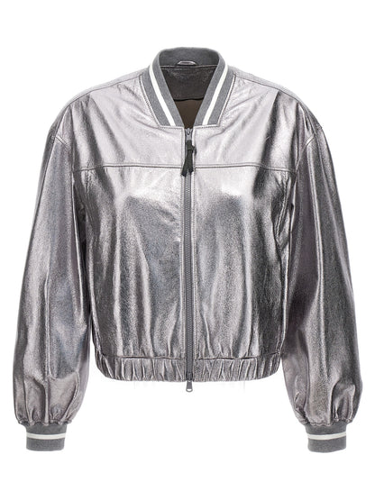 Brunello Cucinelli Silver Leather Bomber