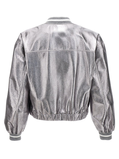 Brunello Cucinelli Silver Leather Bomber