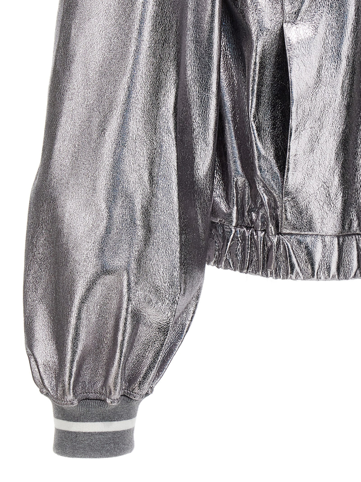 Brunello Cucinelli Silver Leather Bomber Jacket