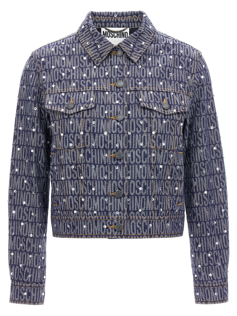 Moschino Blue Cotton Denim Jacket with Logo Pattern