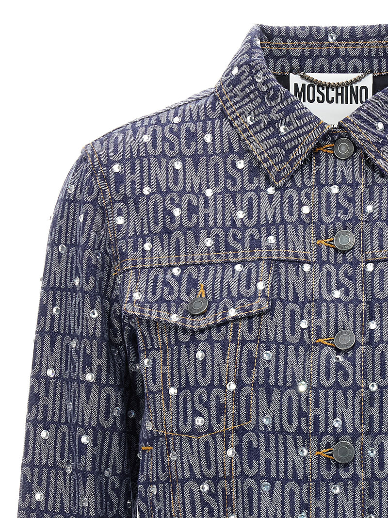 Moschino Blue Cotton Denim Jacket with Logo Pattern