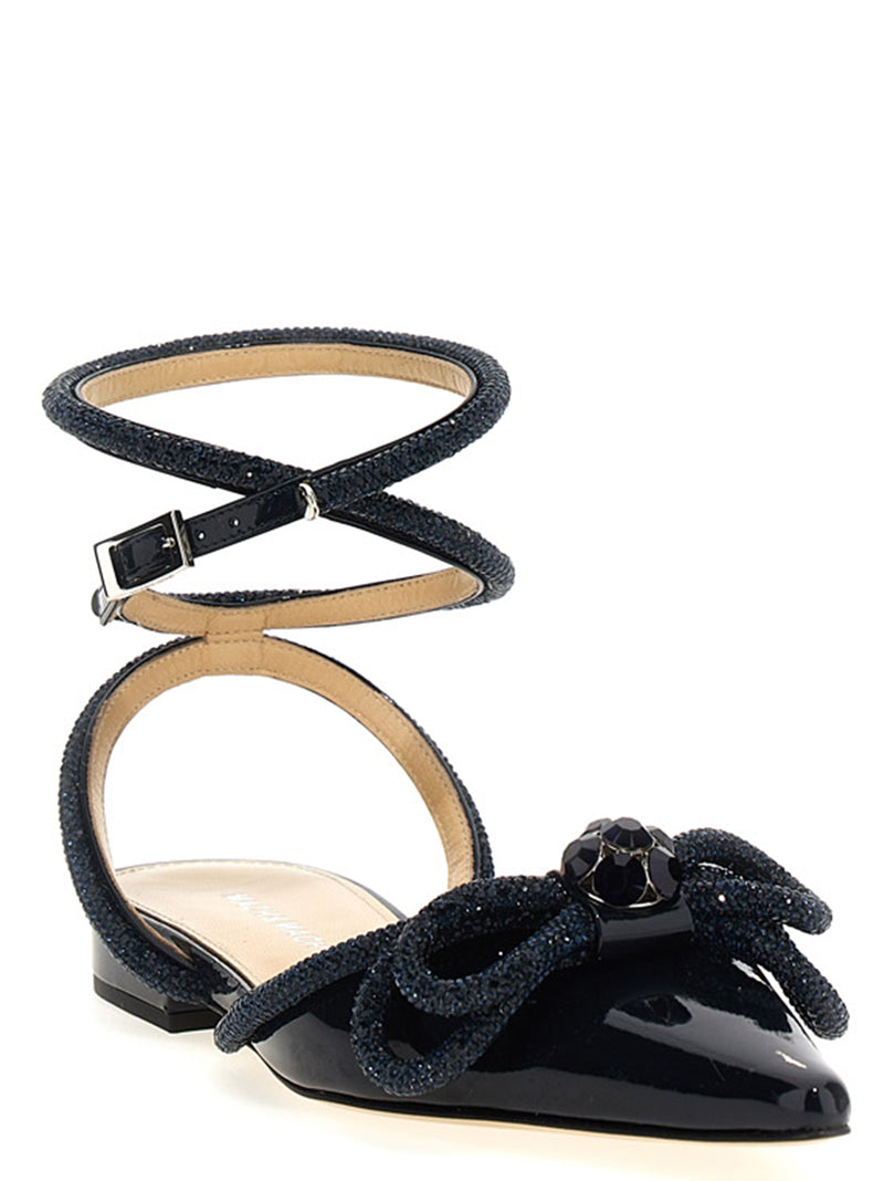 MACH & MACH Blue Calfskin Ballet Flats with Crystal Bow