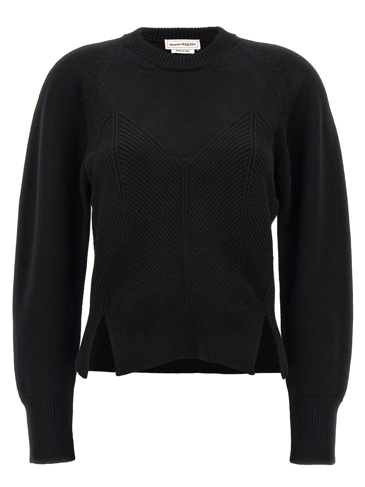 Alexander McQueen Black Wool Cardigan with Chevron Corset Design