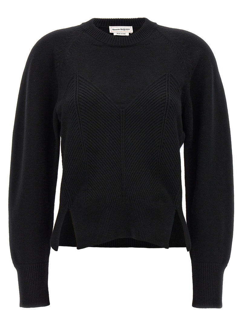 Alexander McQueen Black Wool Cardigan with Chevron Corset Design
